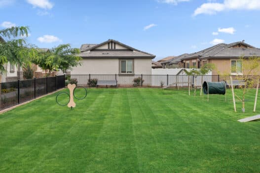 The dog park at our rental homes in Peoria, AZ, featuring a fenced in area with green grass, dog obstacles, and benches.